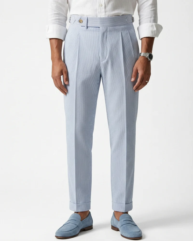 Light Blue Stripped Trousers High-Waisted