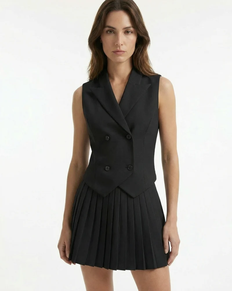 Suit Waistcoat Pleated Mini Skirt Dress Set