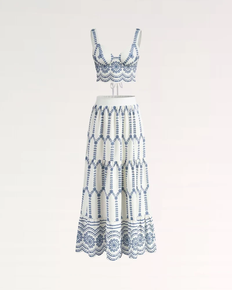 Blue Printed Sleeveless Skirt Back Set
